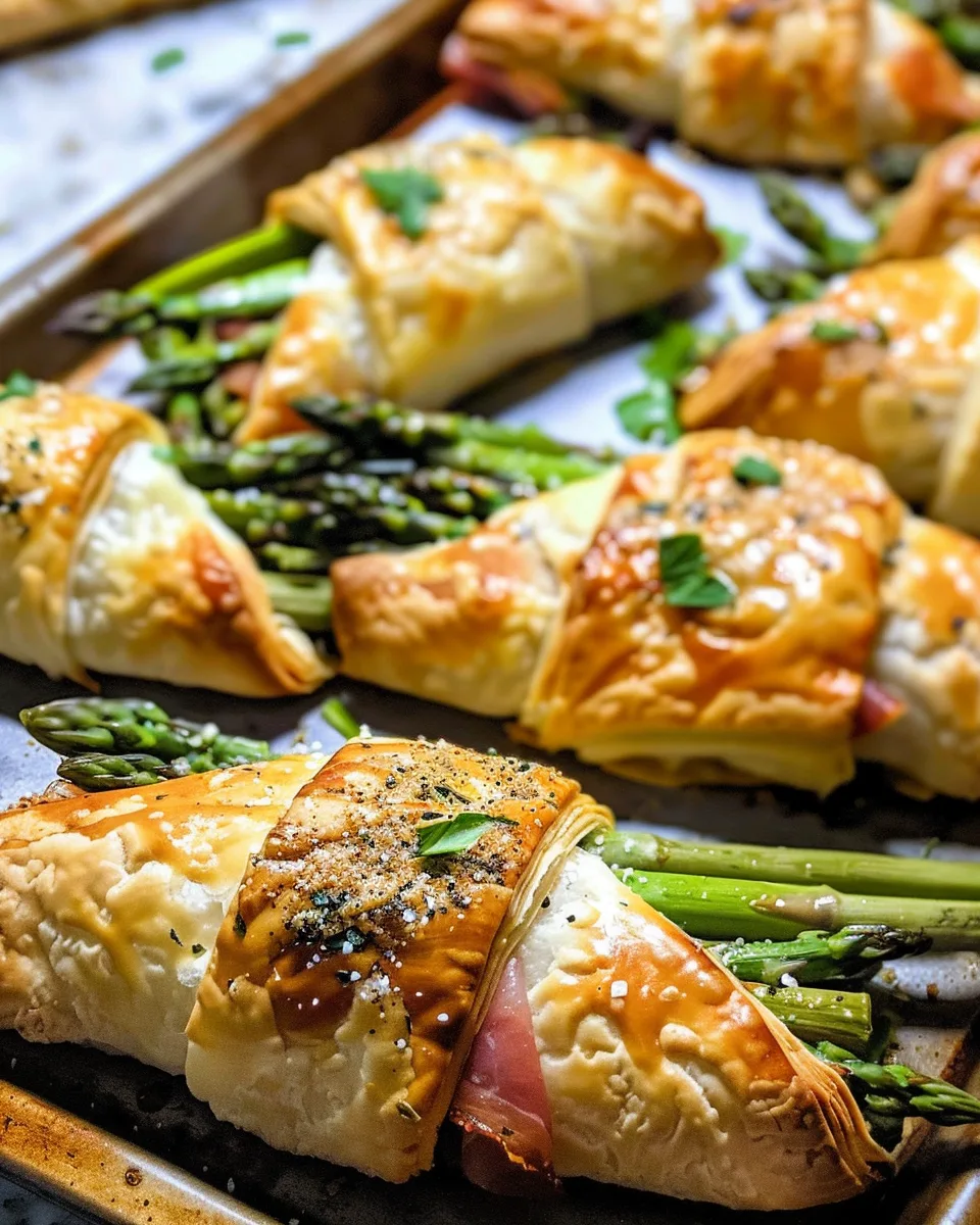 Prosciutto Asparagus Puff Pastry Bundles arranged elegantly on a plate