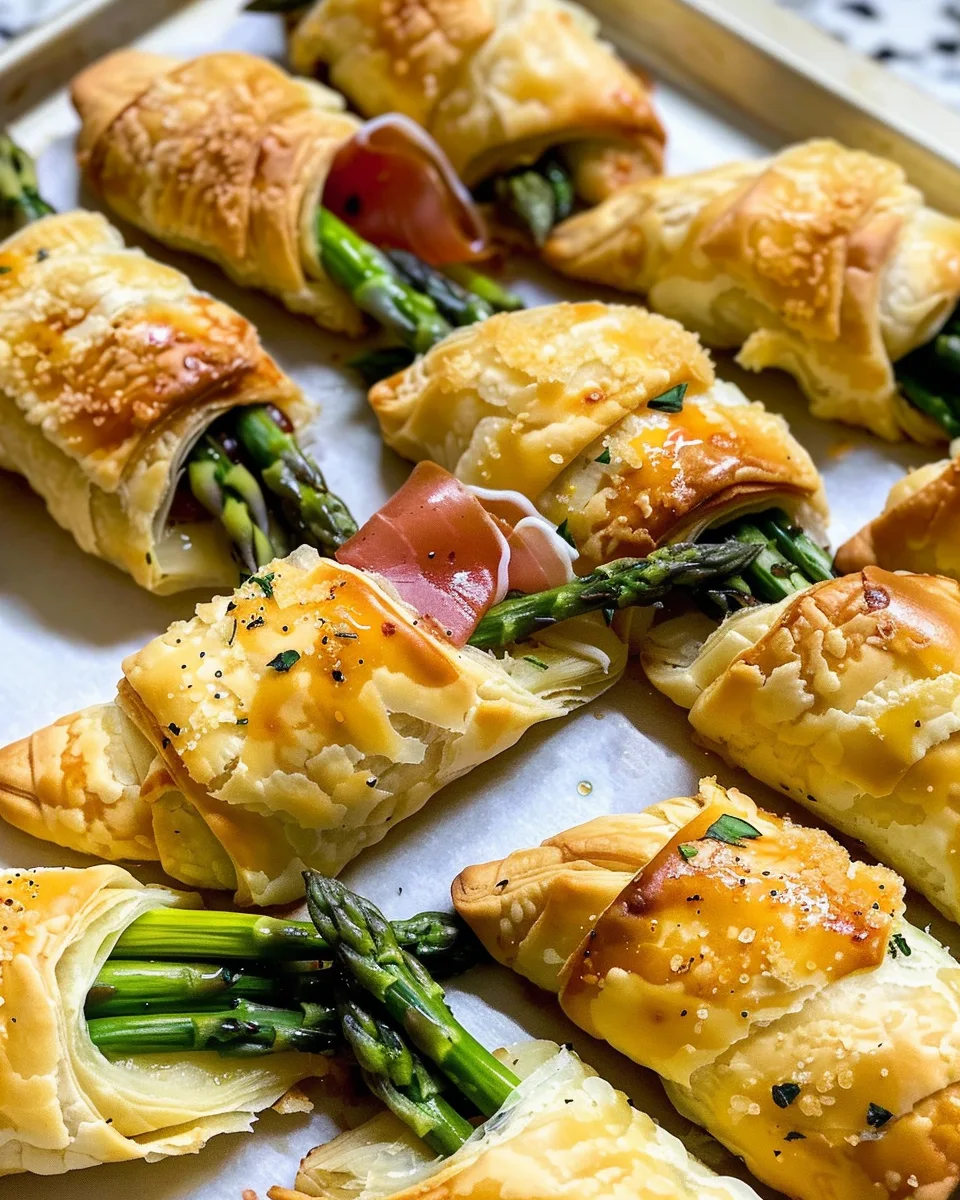 Prosciutto Asparagus Puff Pastry Bundles with golden pastry, asparagus, and melted cheese
